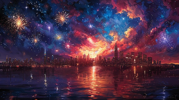 a painting of fireworks with the city skyline in the background