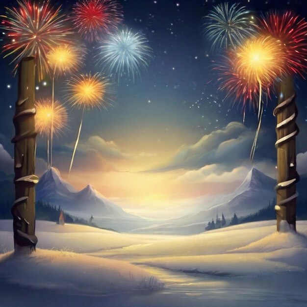 Photo a painting of fireworks with a mountain and a sign that says fireworks