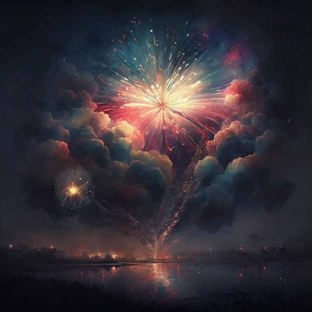 A painting of fireworks with a sky background