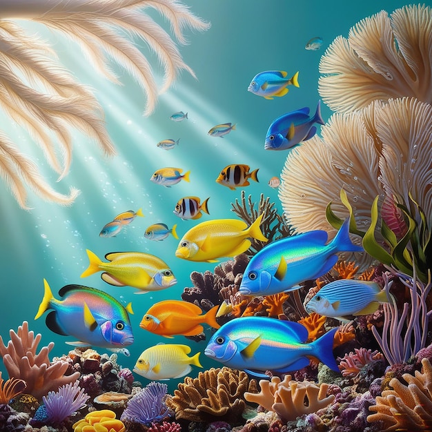 a painting of a fish and coral with the sun shining through the water