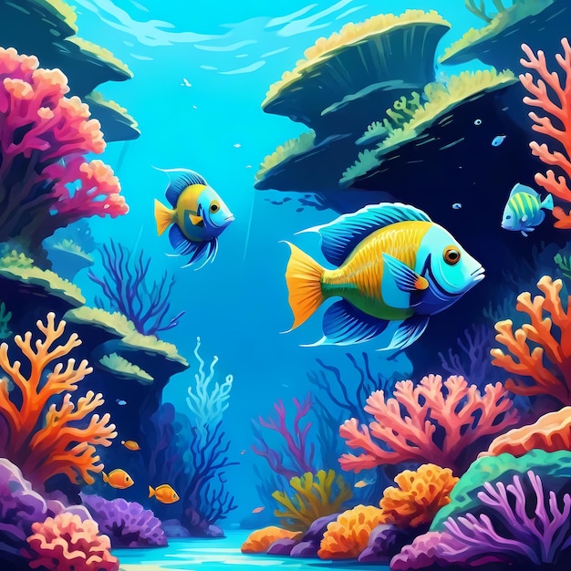 a painting of fish and corals under a water background