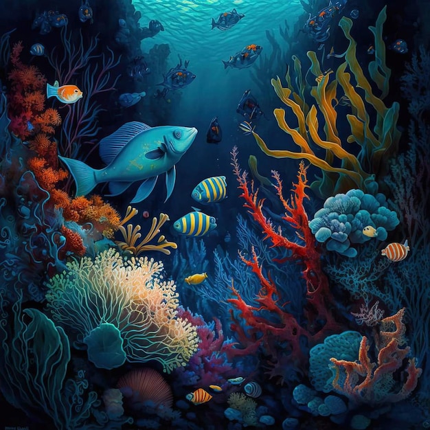 A painting of a fish and corals with a blue background.