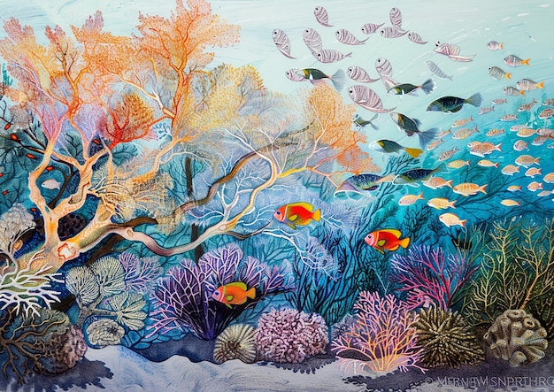 a painting of fish and corals with the words  fish  on the bottom