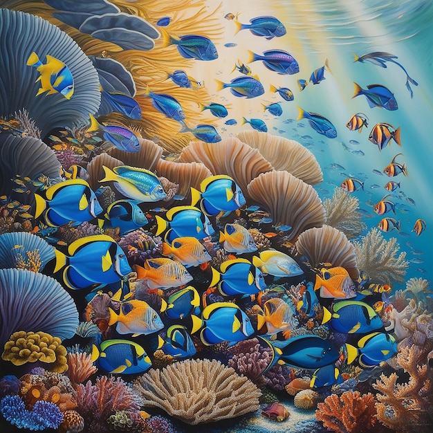 a painting of fish and corals with the words tropical fish