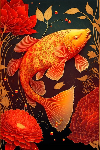 Painting of a fish and flowers on a black background generative ai