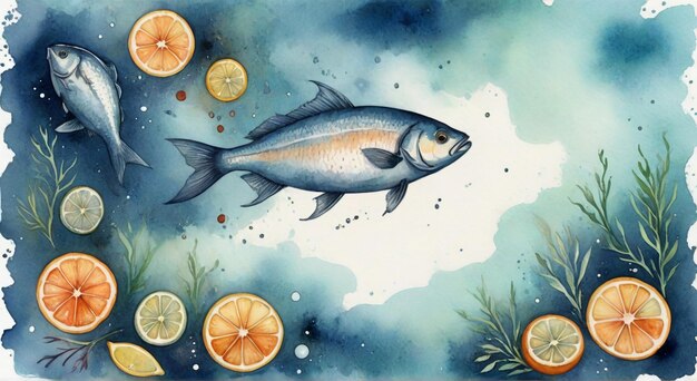 Photo a painting of fish and oranges with the words fish on it