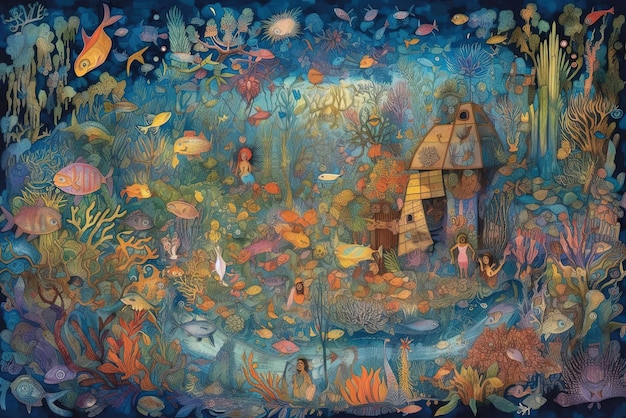 A painting of a fish pond with a fish and a house on it.