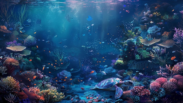 a painting of a fish swimming under a coral reef with a fish swimming by