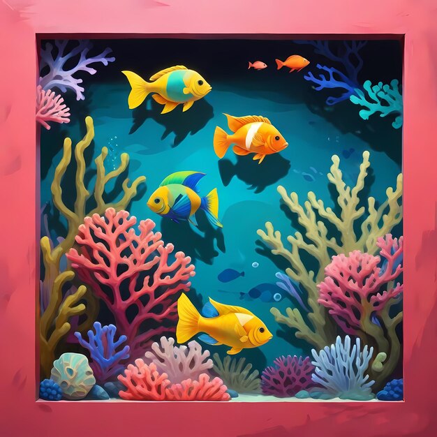 a painting of fish swimming under a coral reef with the ocean in the background