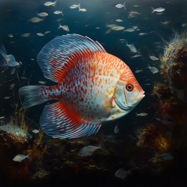 A painting of a fish with a blue background and a white and orange tail.