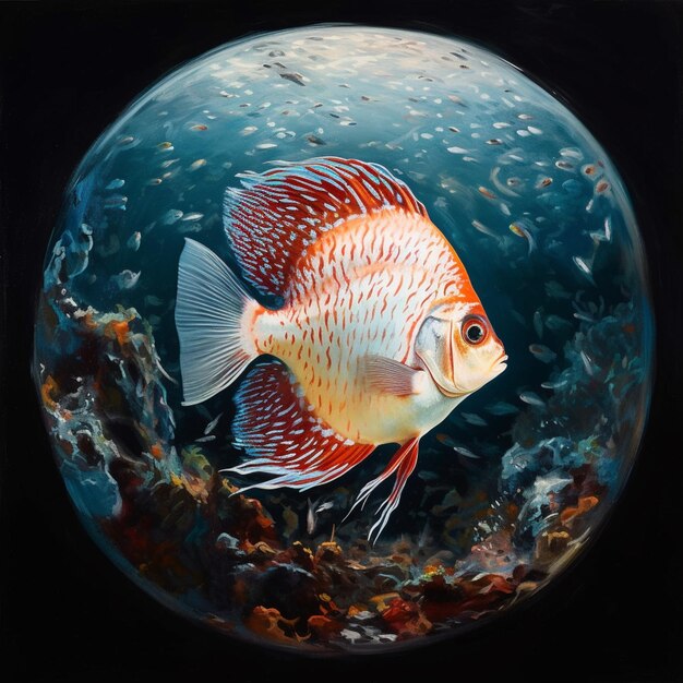 A painting of a fish with a blue background and a white tail.