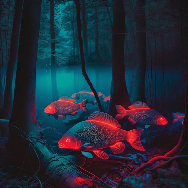 A painting of a fish with red lights on its lights