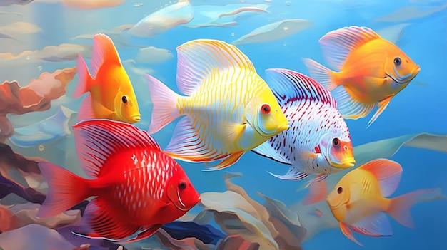 A painting of a fish with a red tail and yellow fins.