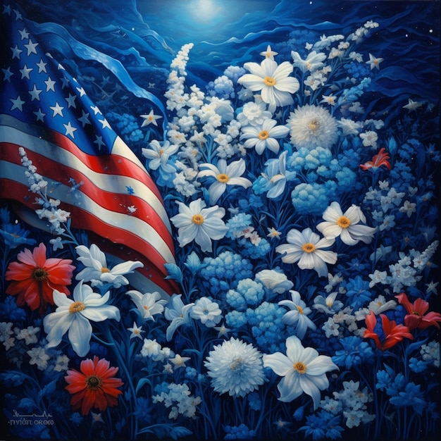 Painting of a flag and flowers in a field with a full moon generative ai