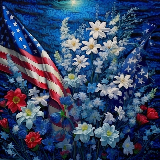 Painting of a flag and flowers in a vase with a full moon generative ai