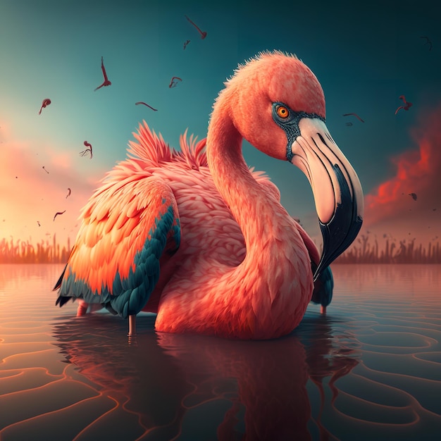 A painting of a flamingo with a blue and pink beak is in the water.