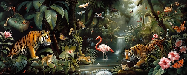 a painting of a flamingo with flamingos in the background