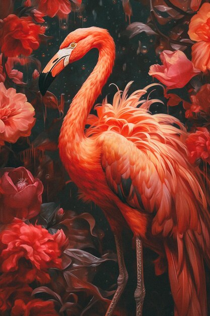 A painting of a flamingo with flowers in the background