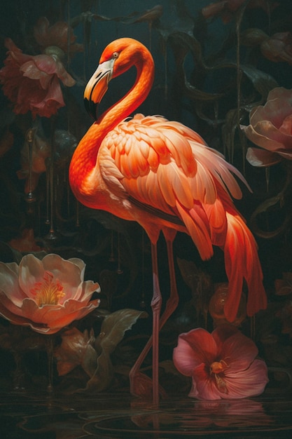 A painting of a flamingo with flowers in the background