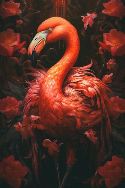 A painting of a flamingo with flowers in the background