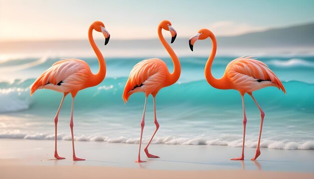 Photo a painting of flamingos on the beach with the ocean in the background