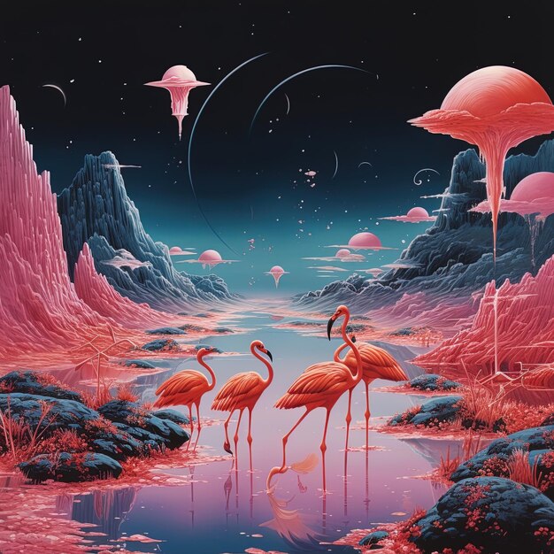 Photo a painting of flamingos and a city with a night sky in the background