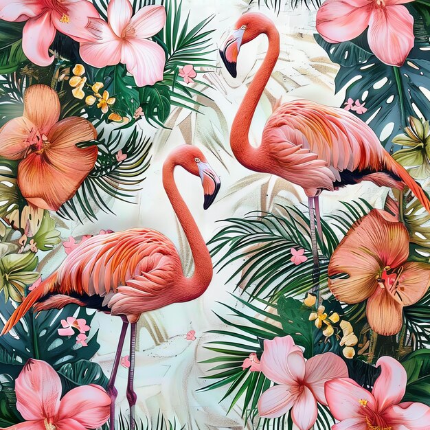 a painting of flamingos and palm trees with a background of palm trees