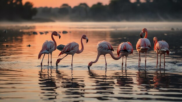 a painting of flamingos in the water with the sunset in the background