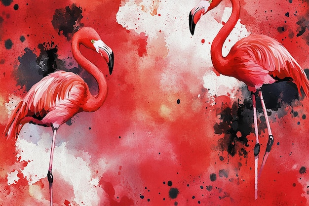 a painting of flamingos with a red background