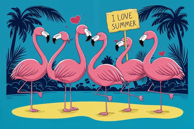 a painting of flamingos with a sign that says i love summer