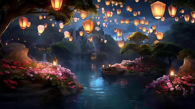 A painting of floating lanterns and floating lanterns