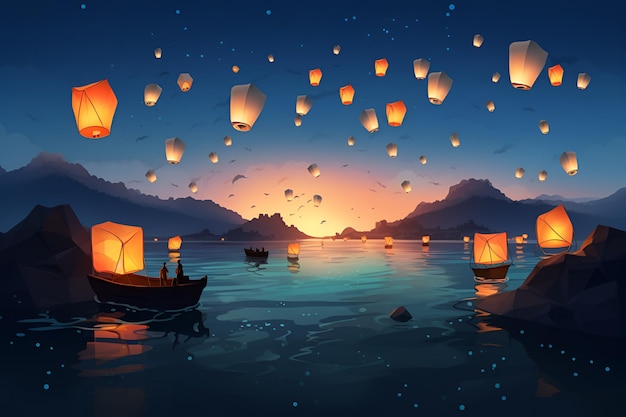 A painting of a floating lanterns floating in the water