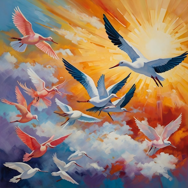 a painting of a flock of birds flying in the sky with the sun behind them