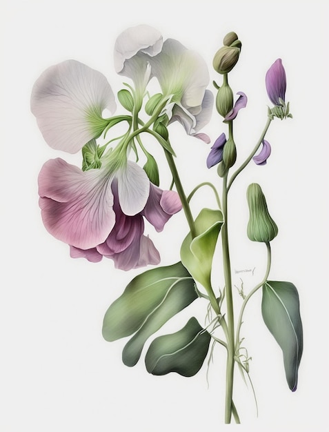 A painting of a flower and a bud of sweet pea