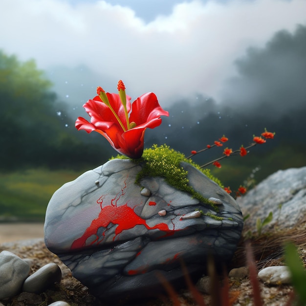 A painting of a flower on a rock with a green plant on it.