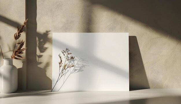 a painting of a flower on a shelf with the shadow of a woman and the shadow of a tree