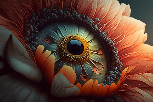 A painting of a flower with a blue eye and a black eye with a yellow center.