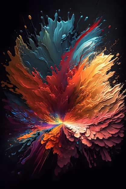 A painting of a flower with a colorful paint splash.