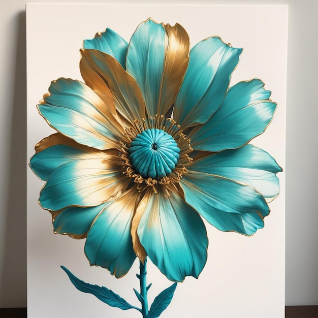 a painting of a flower with gold and blue colors