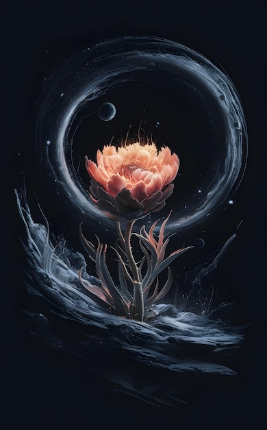 a painting of a flower with the moon in the background