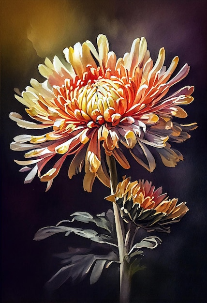 A painting of a flower with a yellow center and the word chrysanthemum on the bottom.