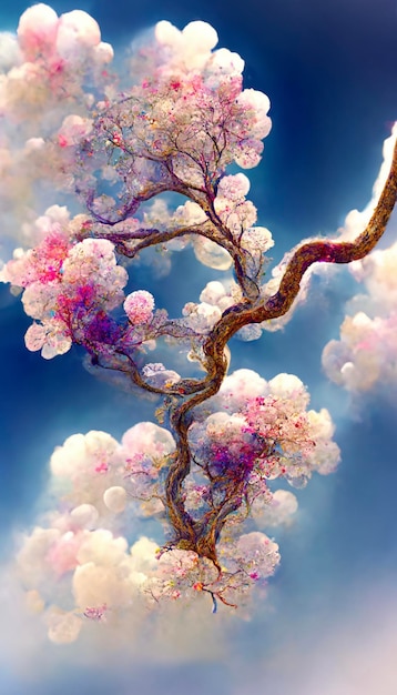 Painting of a flowering tree against a blue sky generative ai