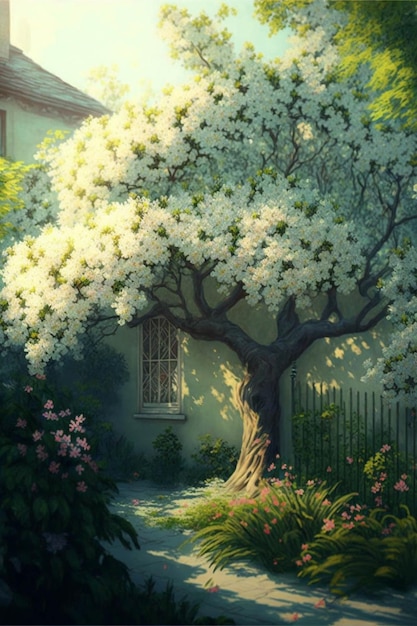 Painting of a flowering tree in front of a house generative ai