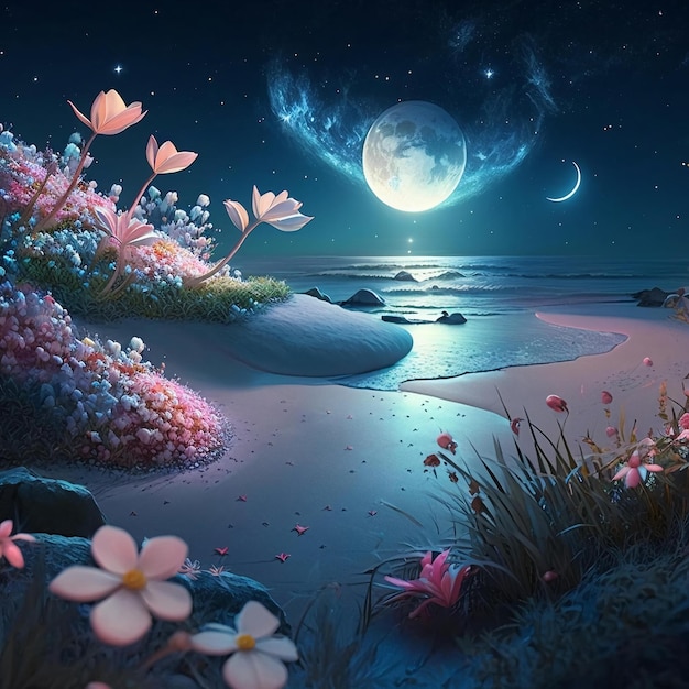 A painting of flowers on a beach with the moon in the background.