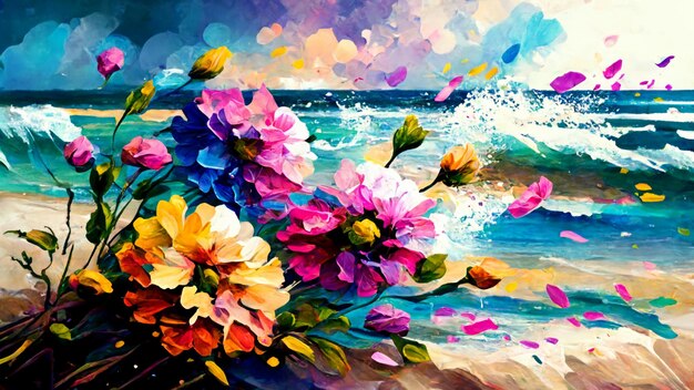 A painting of flowers on the beach