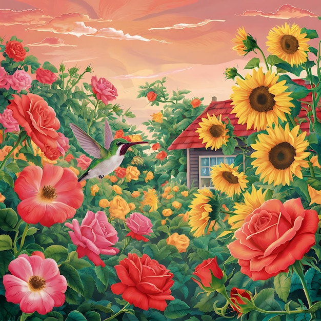 a painting of flowers and a bird in a field