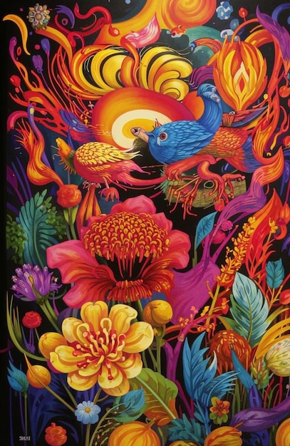 a painting of flowers and birds with the sun behind them