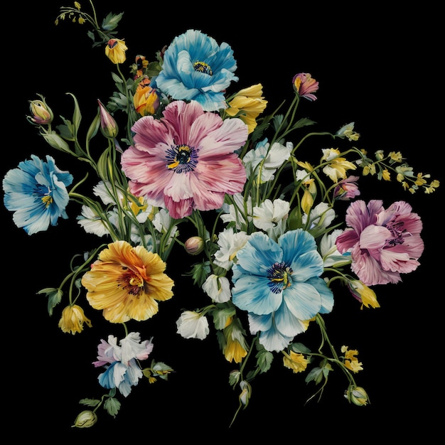 A painting of flowers on a black background