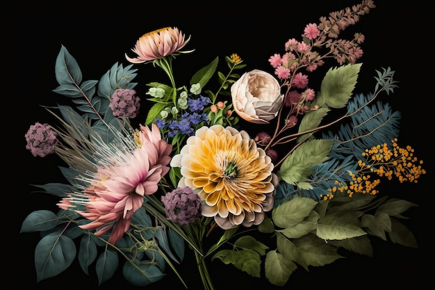 A painting of flowers on a black background