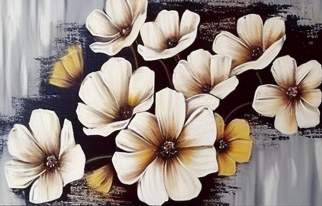 A painting of flowers on a black and white background.